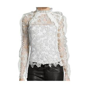 Self Portrait white cutout ruffle guipure lace top